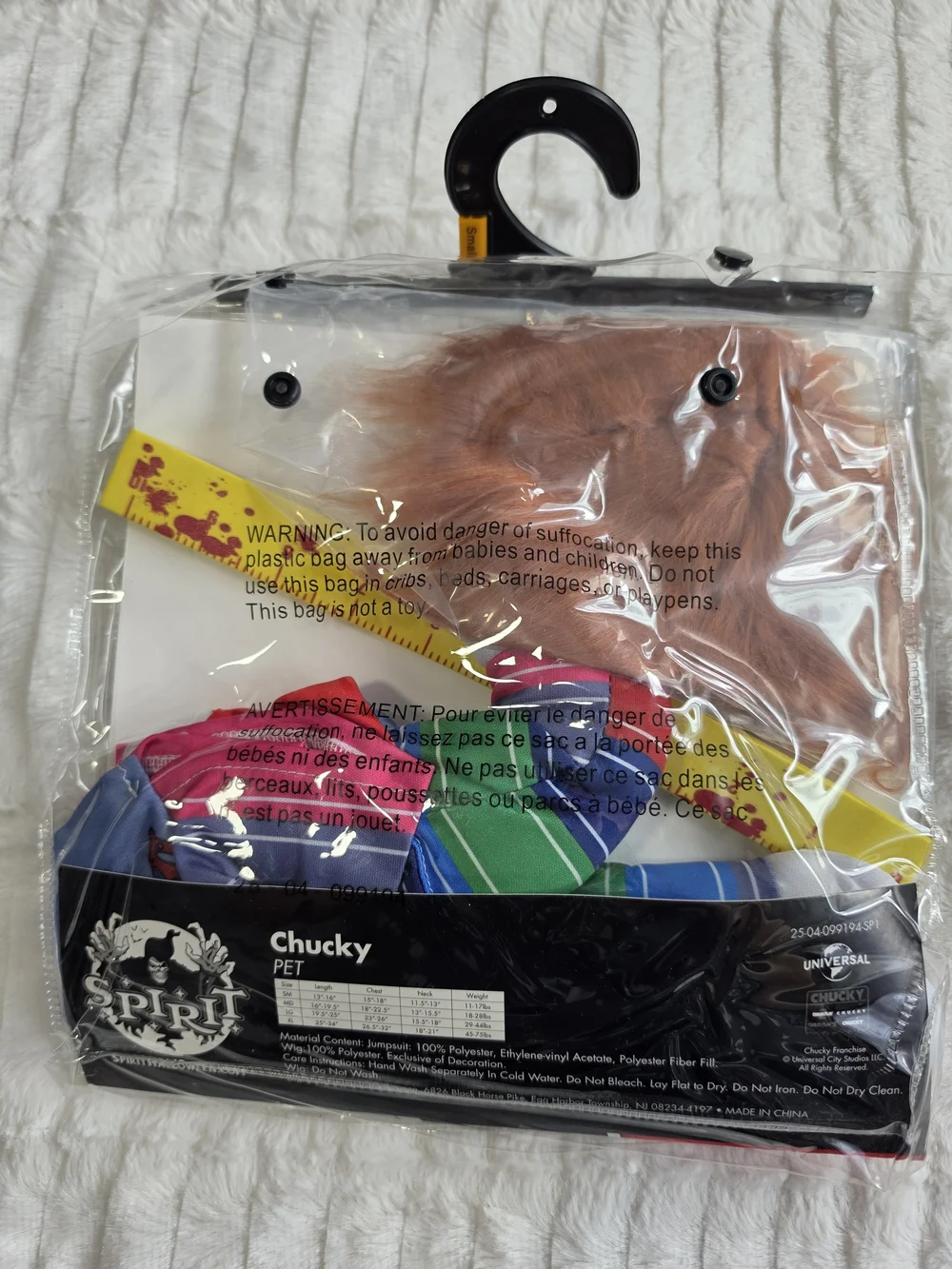 Spirit Chucky Dog Costume in Purple and Red with Orange Wig